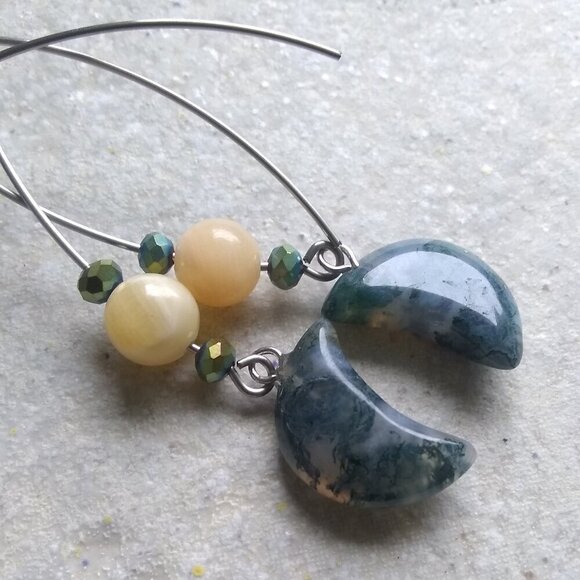 Dark Green Moss Agate Moons + Citrine Beads ~ Unique & Handmade Dangle Earrings - Picture 3 of 12